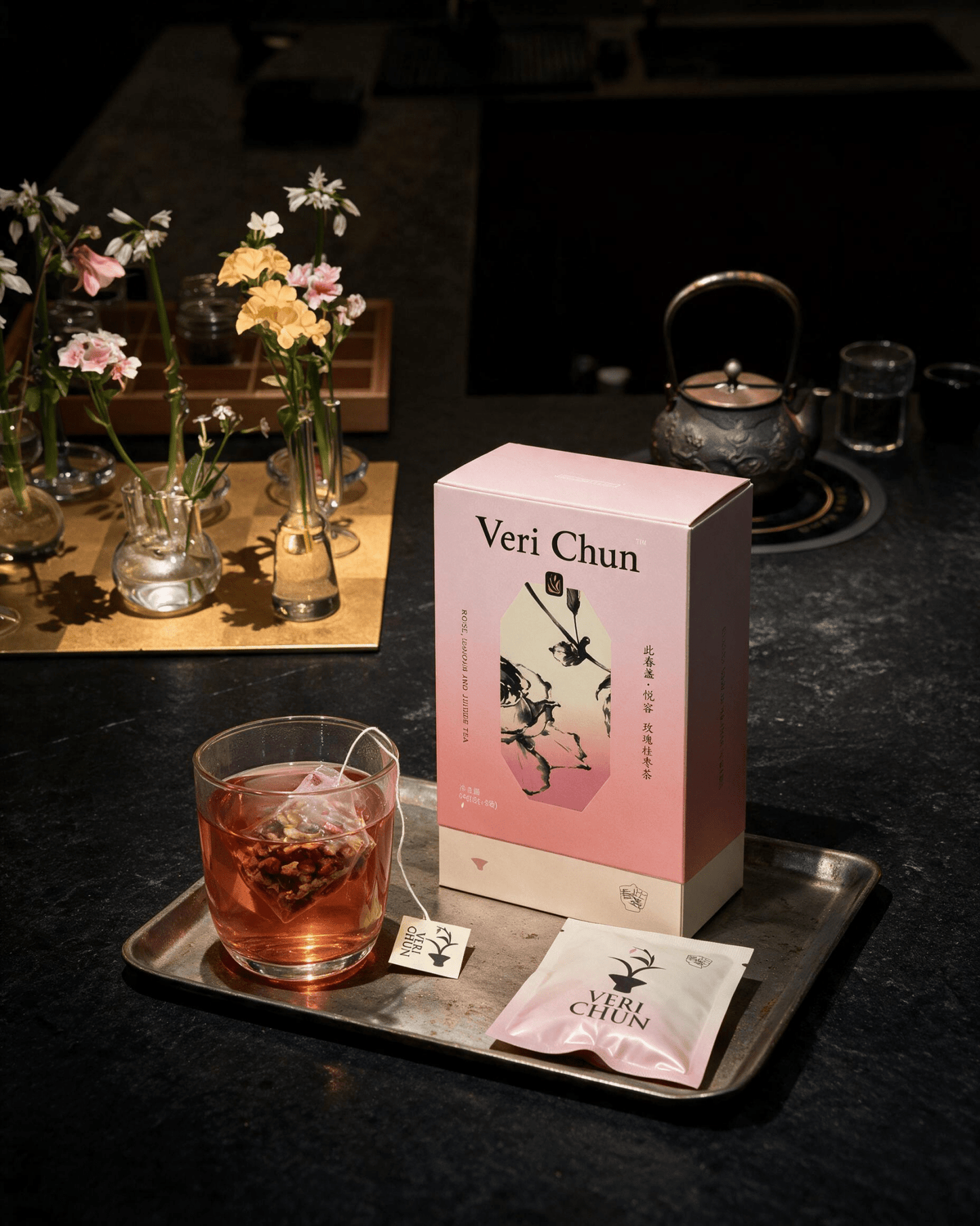 Yuerong caffeine-free rose tea served as an evening ritual